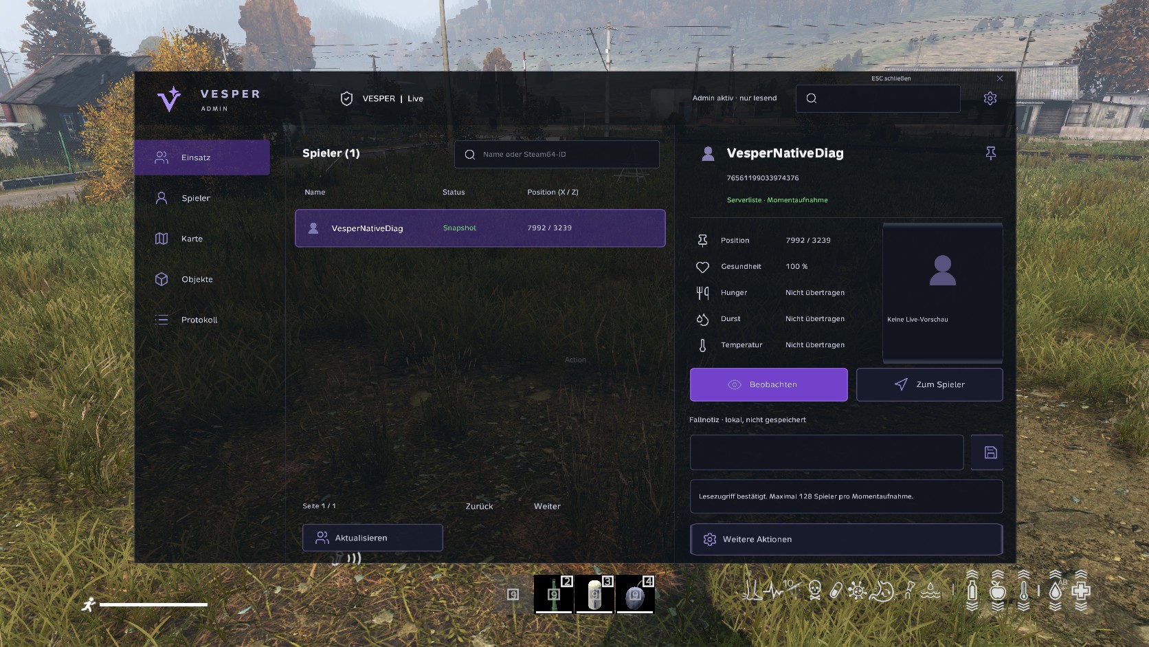 Actual VESPER player list running natively inside DayZ, with purple navigation and a player inspector